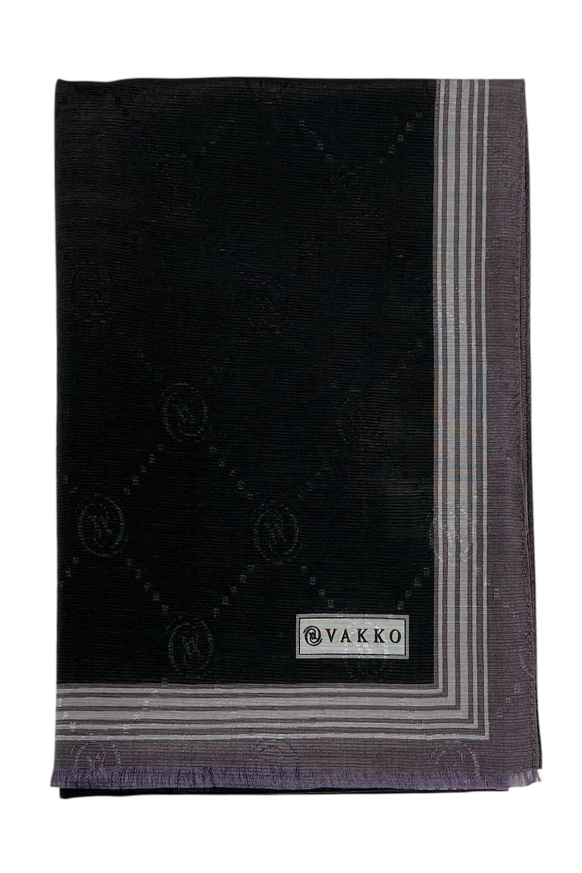 Vakko Pamuk İpek Şal - Bordürlü Monogram - Siyah Gri