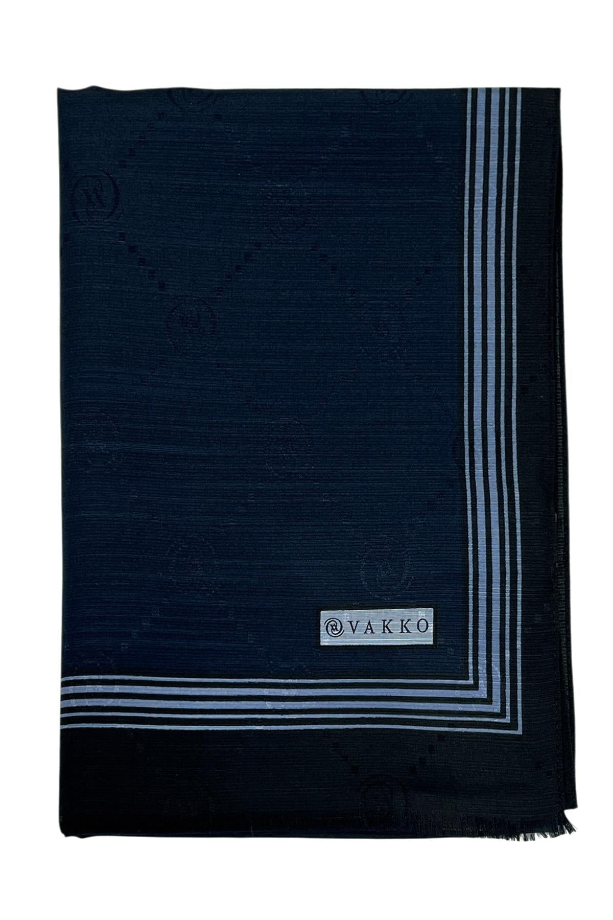 Vakko Pamuk İpek Şal - Bordürlü Monogram - Koyu Lacivert