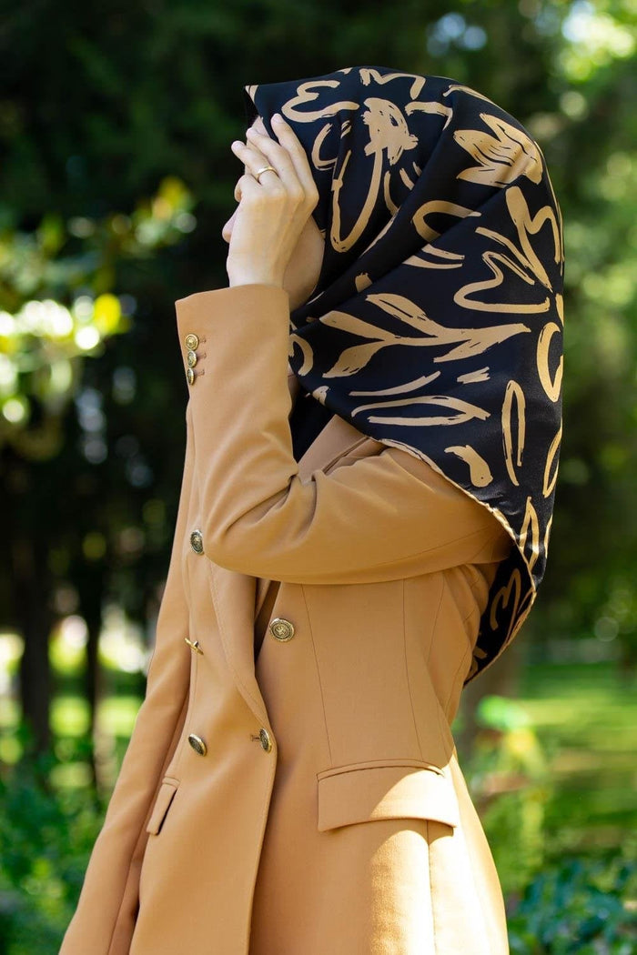 Vissona Twill İpek Eşarp - 60337 - 0001-0004 Siyah Bej