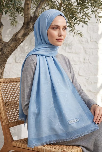 Vakko Pamuk İpek Şal - Şeritli Monogram - Bebe Mavi