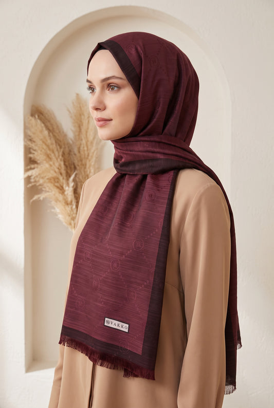 Vakko Pamuk İpek Şal - Şeritli Monogram - Bordo