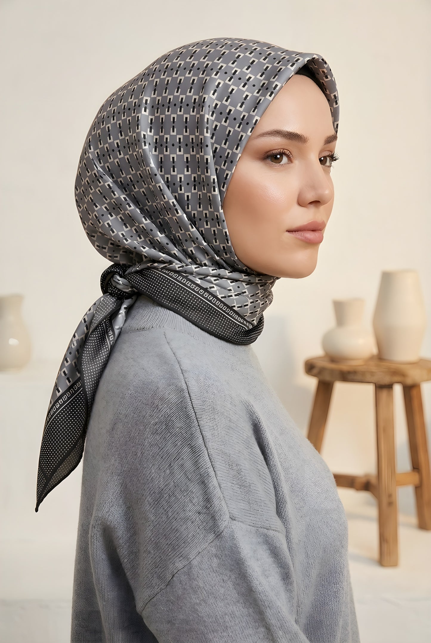 Armine Sport Twill Eşarp - 8556-06 Gri Siyah