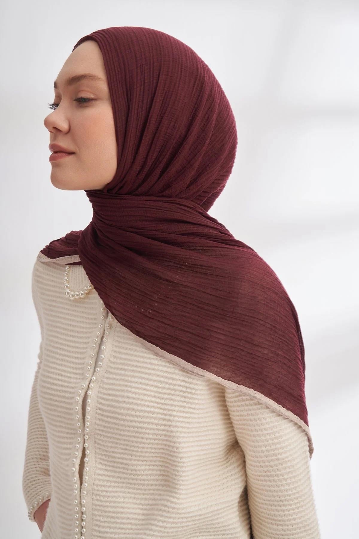 Armanda Müslin Biyeli Şal - Burgundy