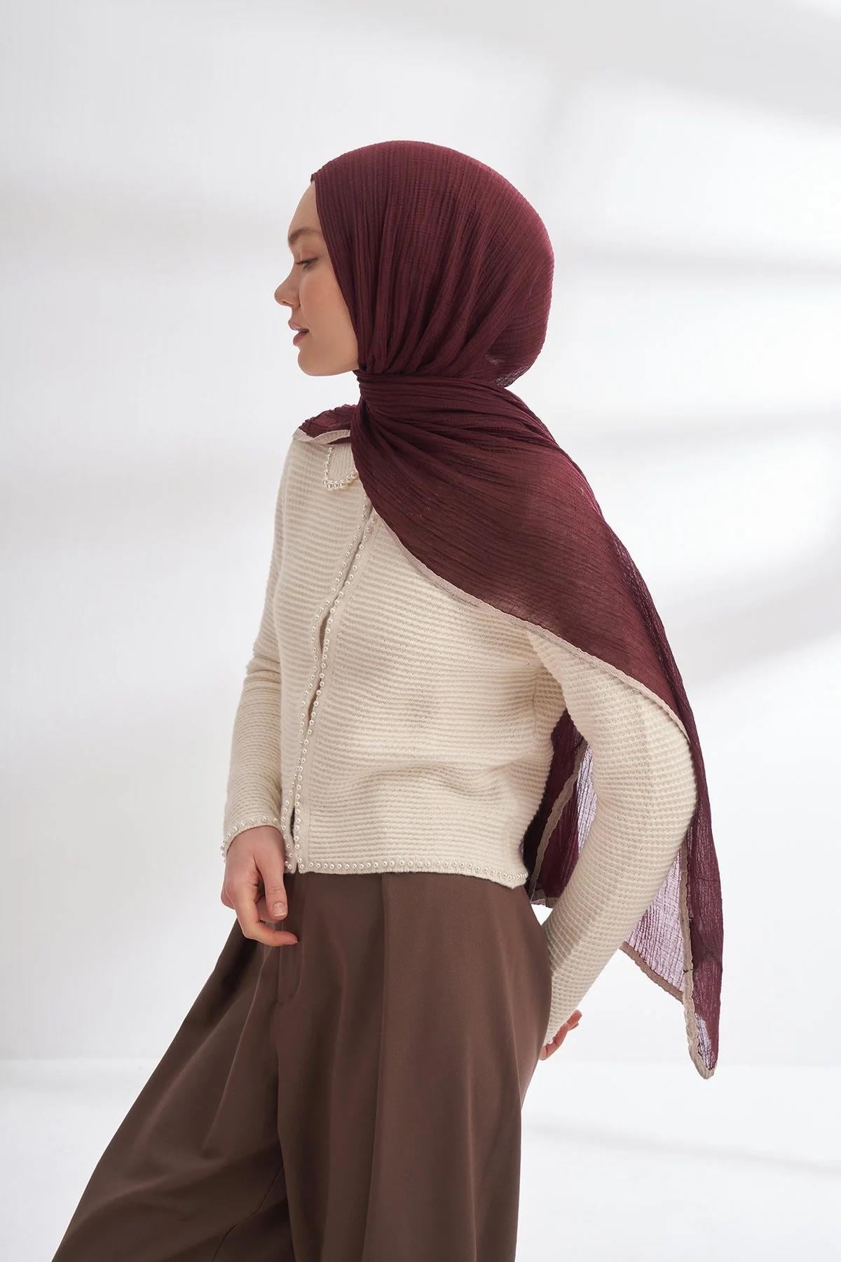 Armanda Müslin Biyeli Şal - Burgundy