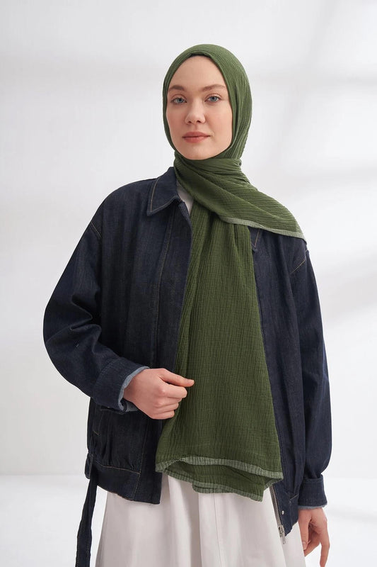 Armanda Müslin Biyeli Şal - Çam Yeşili