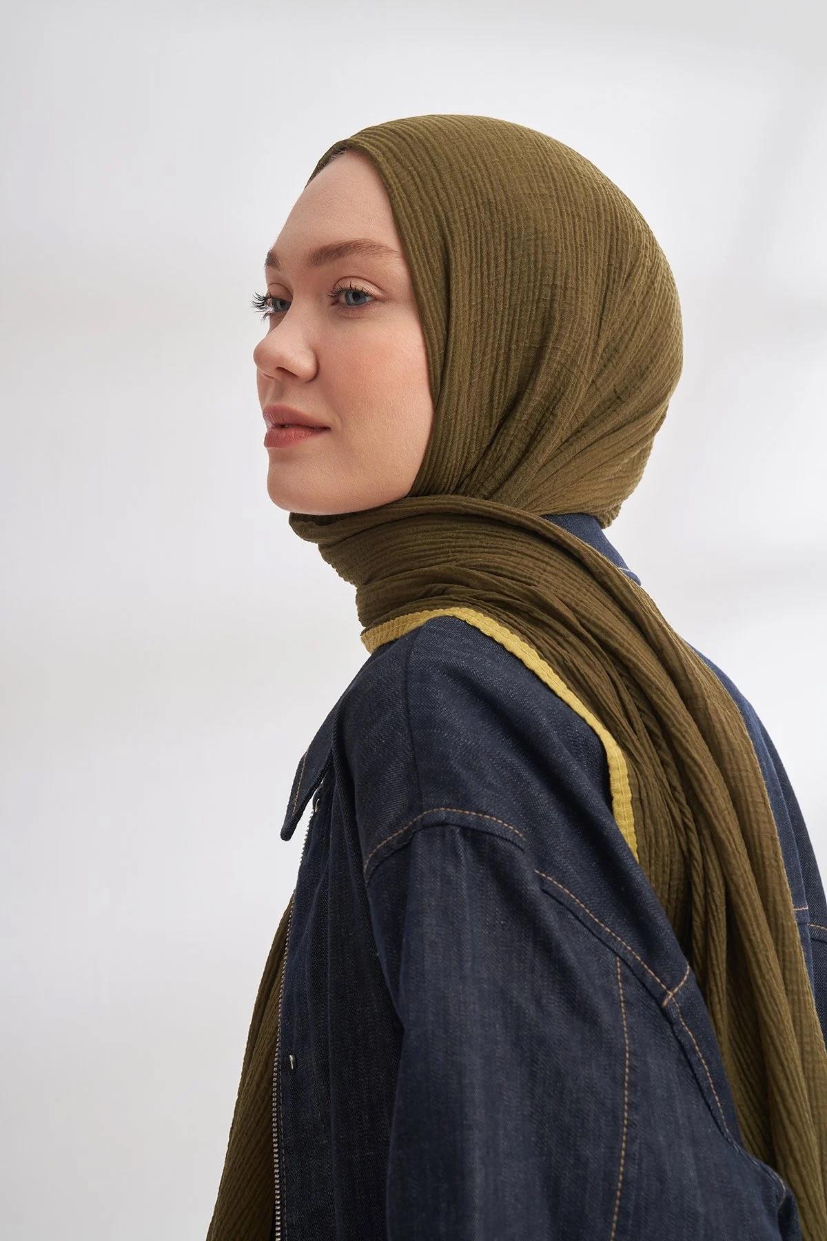 Armanda Müslin Biyeli Şal - Haki