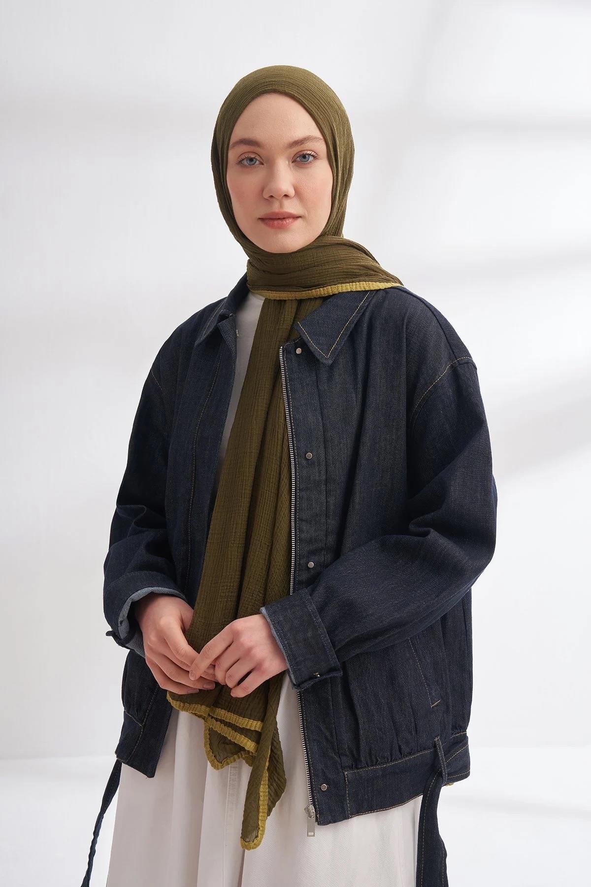Armanda Müslin Biyeli Şal - Haki