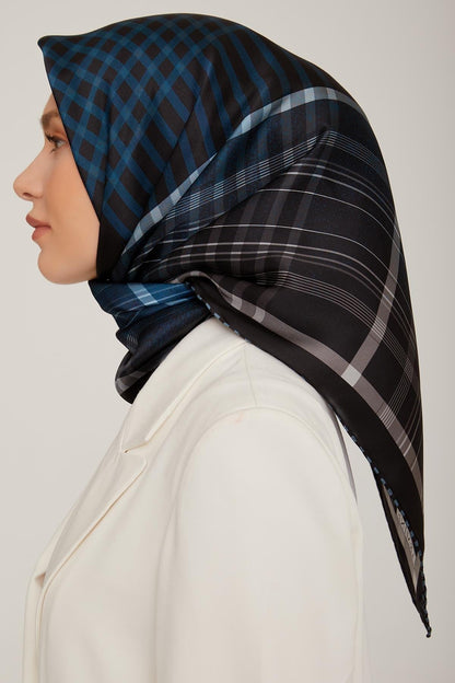 Armine İpek Eşarp 2023 Kış 8824-51 Siyah Petrol Twill
