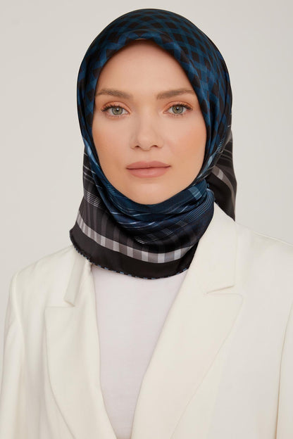 Armine İpek Eşarp 2023 Kış 8824-51 Siyah Petrol Twill