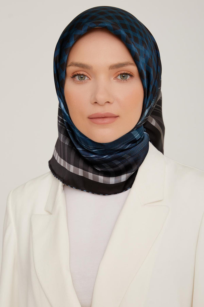 Armine İpek Eşarp 2023 Kış 8824-51 Siyah Petrol Twill