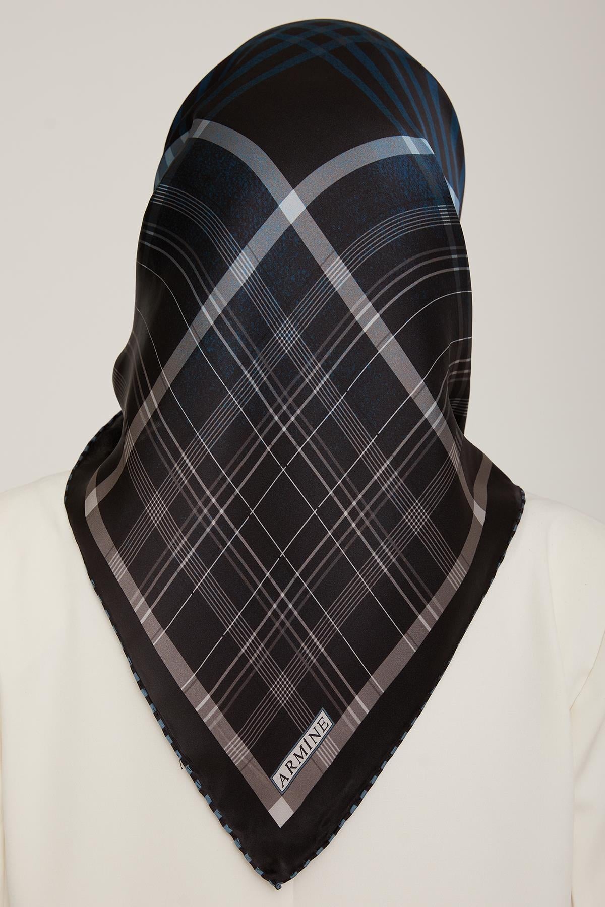 Armine İpek Eşarp 2023 Kış 8824-51 Siyah Petrol Twill