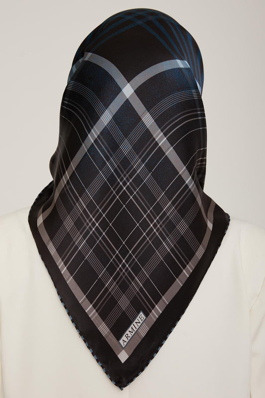 Armine İpek Eşarp 2023 Kış 8824-51 Siyah Petrol Twill