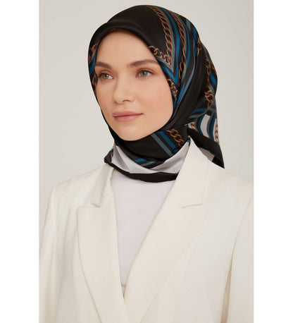 Armine İpek Eşarp 2023 Kış - 8845-50 Siyah Petrol Twill