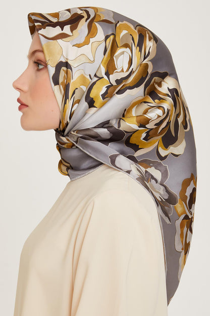 Armine İpek Eşarp 2025 Kış - 9234-32 Gri Sarı Twill
