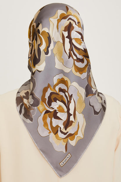 Armine İpek Eşarp 2025 Kış - 9234-32 Gri Sarı Twill