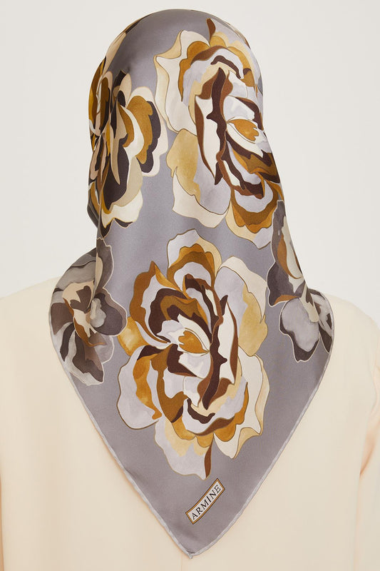 Armine İpek Eşarp 2025 Kış - 9234-32 Gri Sarı Twill
