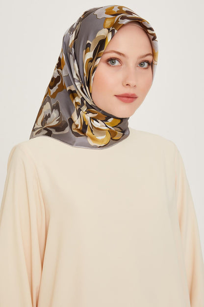 Armine İpek Eşarp 2025 Kış - 9234-32 Gri Sarı Twill