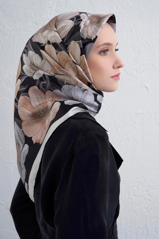 Armine İpek Eşarp 2026 Kış - 9403-84 Siyah Gri Twill