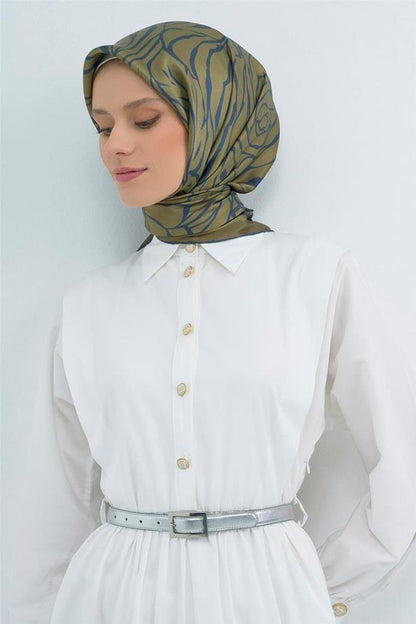 Armine İpek Eşarp 2026 Yaz - 9511-08 Haki Mavi Twill