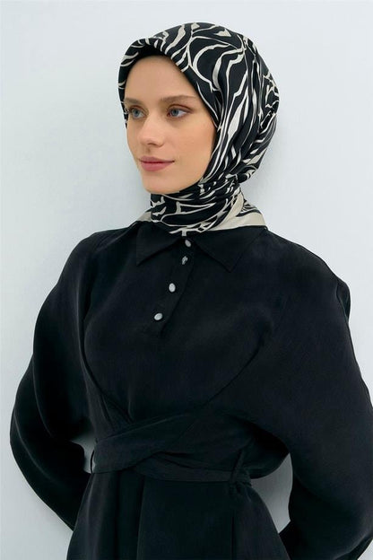 Armine İpek Eşarp 2026 Yaz - 9511-14 Siyah Ekru Twill