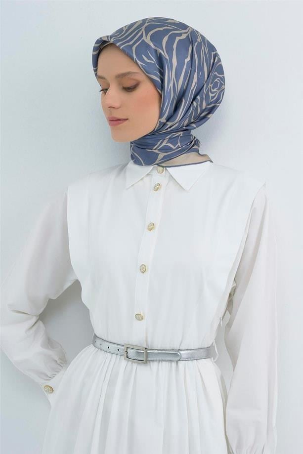 Armine İpek Eşarp 2026 Yaz - 9511-58 Mavi Krem Twill