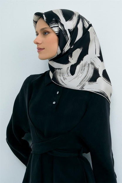 Armine İpek Eşarp 2026 Yaz - 9555-06 Siyah Krem Twill