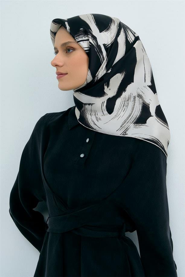 Armine İpek Eşarp 2026 Yaz - 9555-06 Siyah Krem Twill