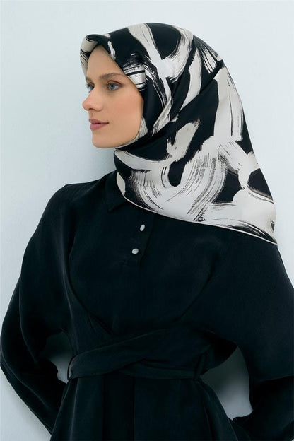 Armine İpek Eşarp 2026 Yaz - 9555-06 Siyah Krem Twill