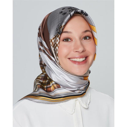 Armine İpek Eşarp Nostalji - 8303-37 Gri Sarı Twill
