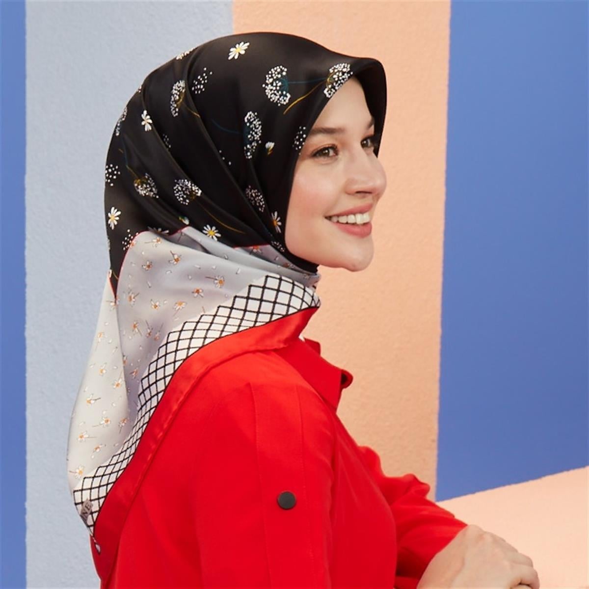 Armine İpek Eşarp Nostalji - 8517-09 Siyah Kırmızı Twill