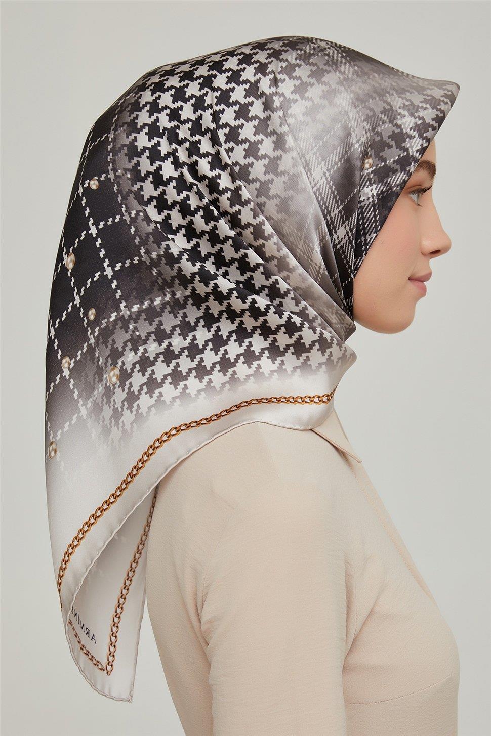 Armine İpek Eşarp Nostalji - 8612-04 Krem Siyah Twill