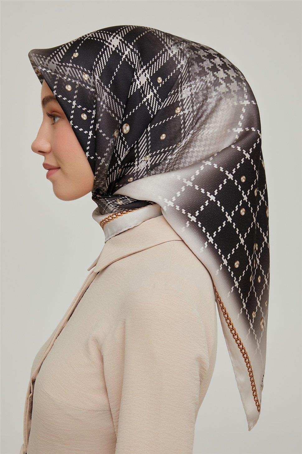 Armine İpek Eşarp Nostalji - 8612-04 Krem Siyah Twill