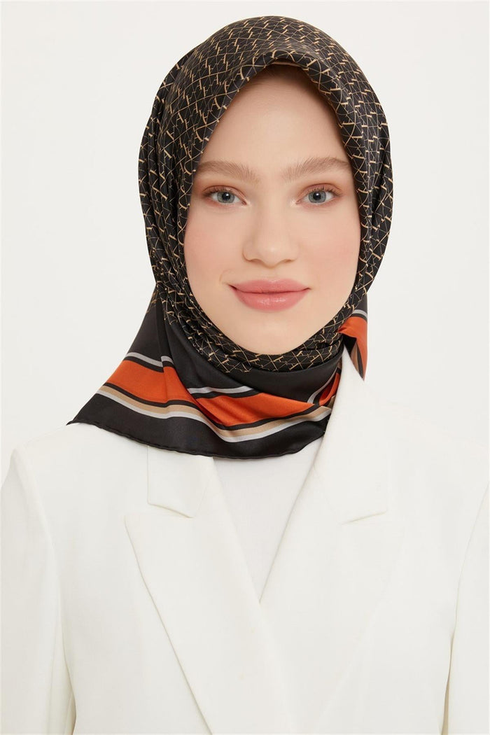 Armine İpek Eşarp Nostalji - 8724-36 Siyah Turuncu Twill