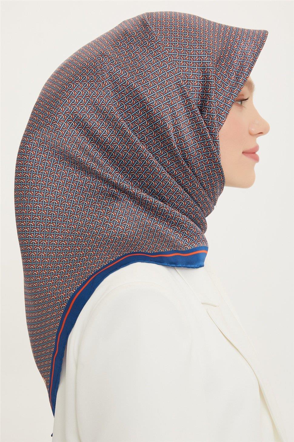 Armine İpek Eşarp Nostalji - 8733-33 Mavi Turuncu Twill