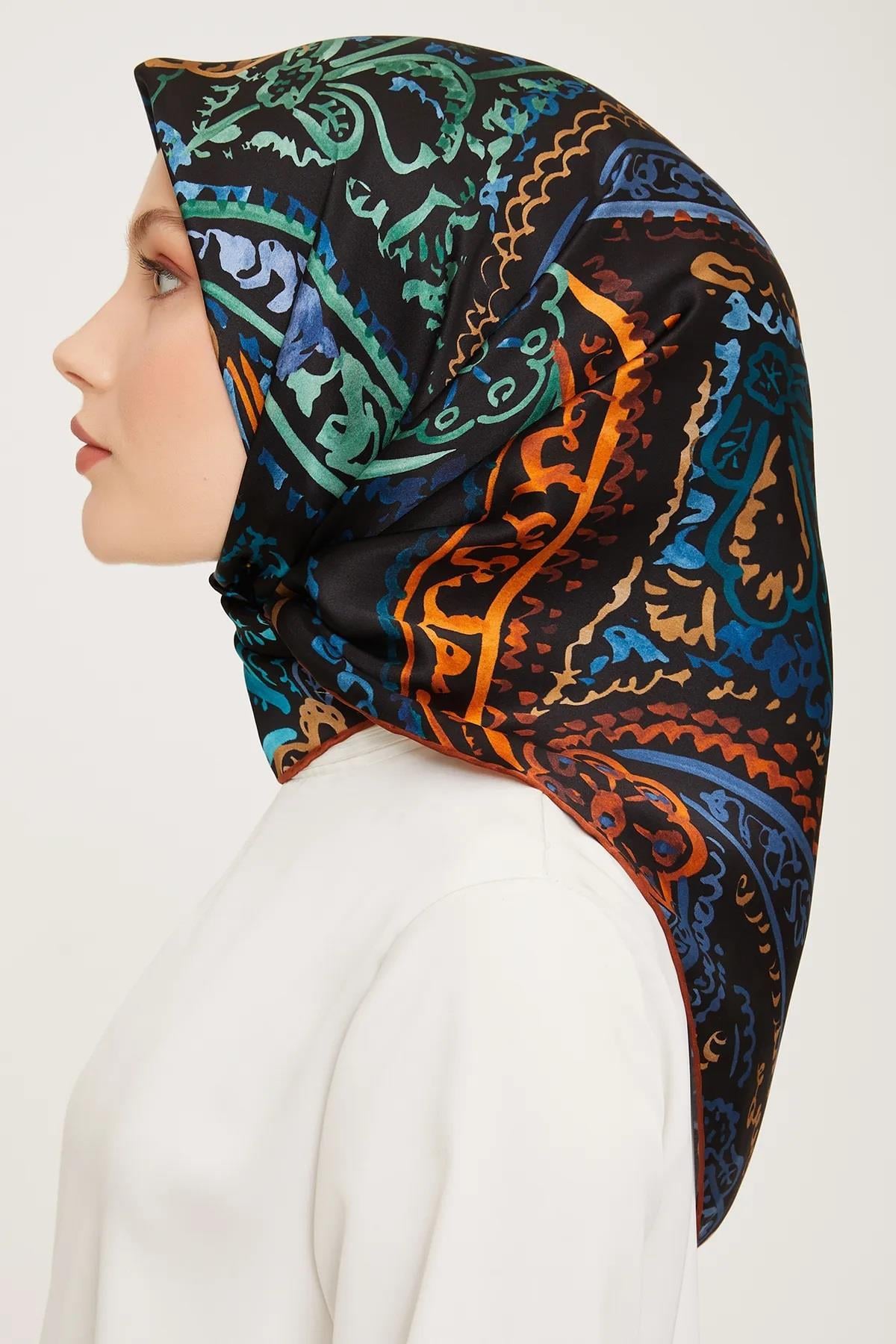 Armine İpek Eşarp Nostalji - 9037-53 Siyah Mavi Twill