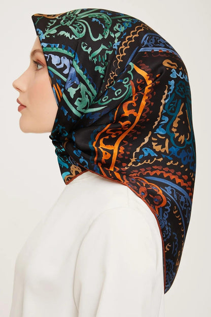 Armine İpek Eşarp Nostalji - 9037-53 Siyah Mavi Twill