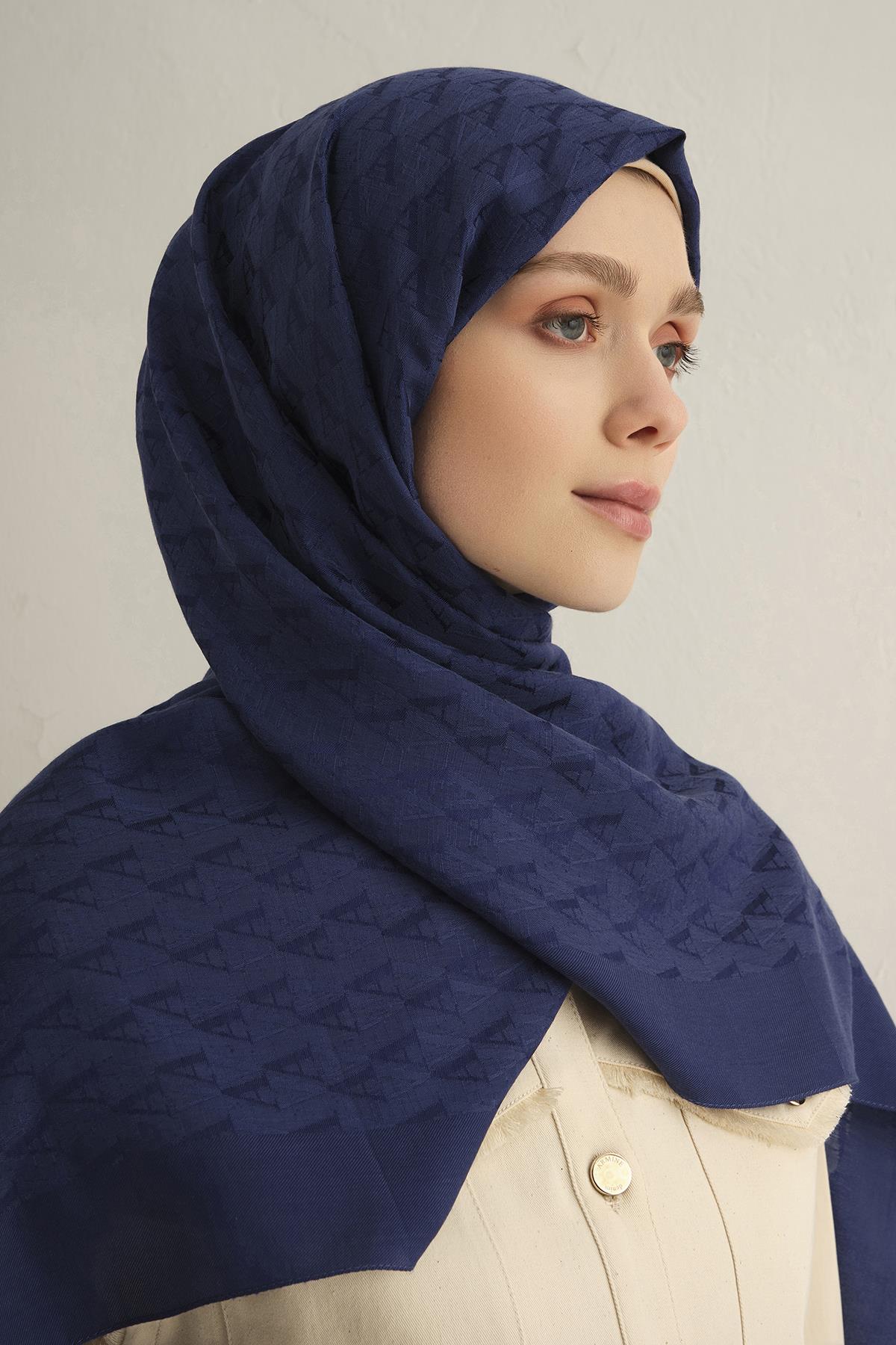 Armine Pamora Şal - Monogram Desenli 3 - Lacivert 02