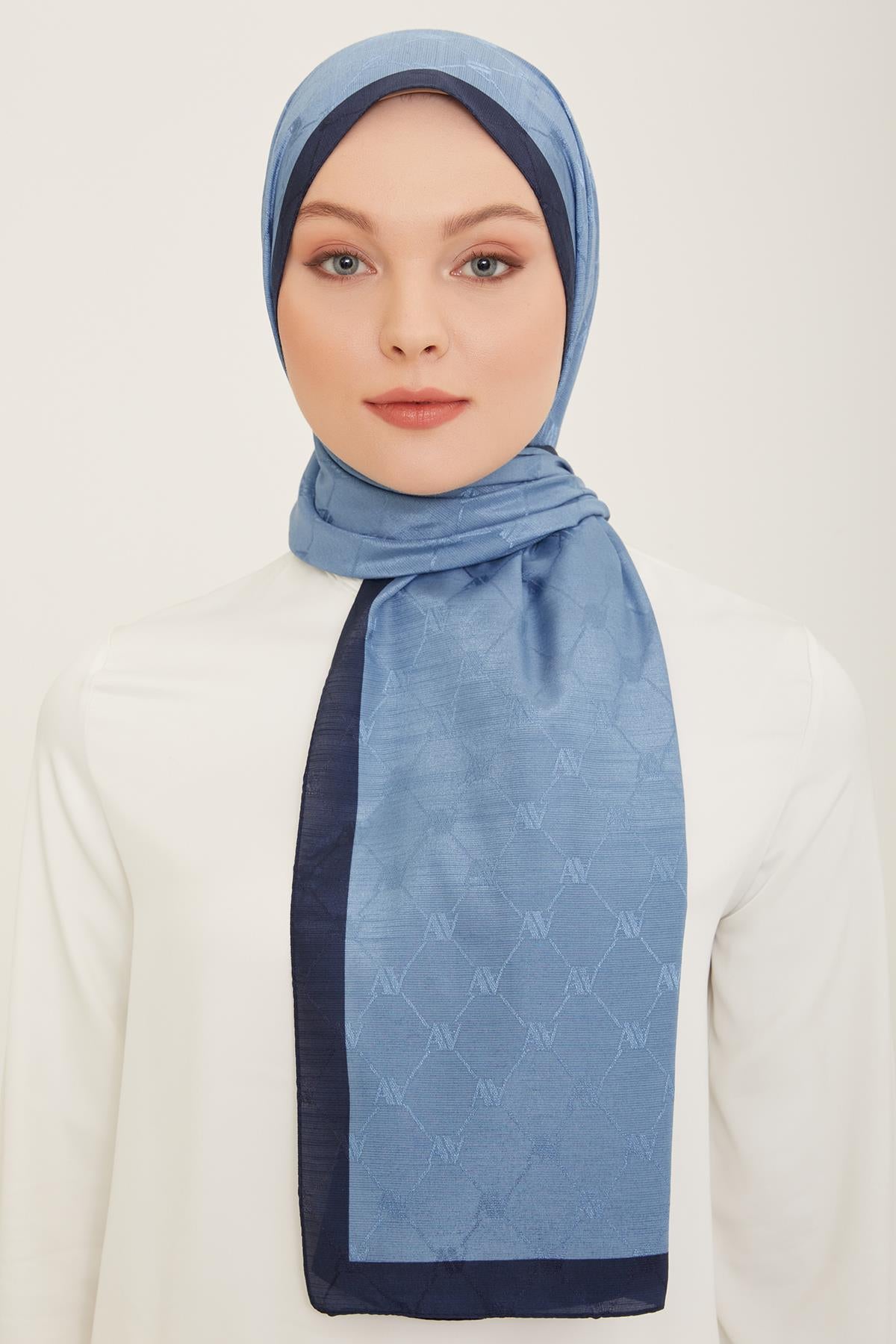 Armine Trend Monogram Şal - 2 - Metalik Mavi 150