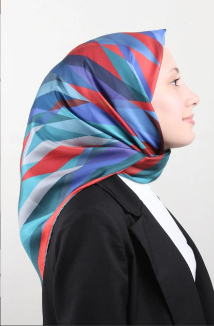 Belli İpek Eşarp - 4004-54 Kırmızı Mavi Twill
