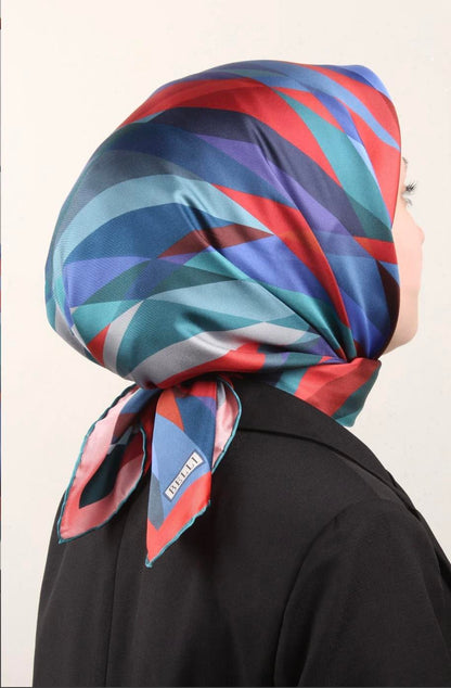 Belli İpek Eşarp - 4004-54 Kırmızı Mavi Twill