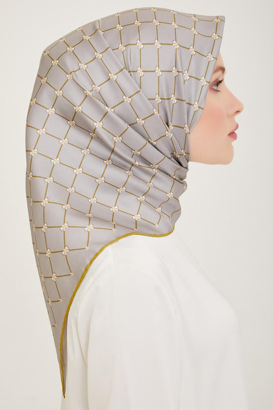 Belli İpek Eşarp - 4006-50 Gri Sarı Twill