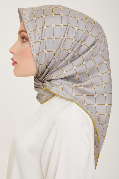 Belli İpek Eşarp - 4006-50 Gri Sarı Twill