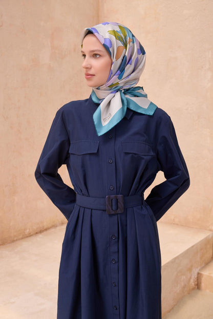 Belli İpek Eşarp - 4100-52 Krem Mavi Twill