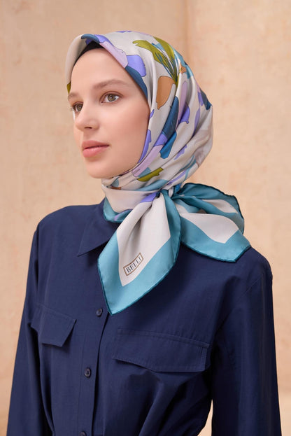 Belli İpek Eşarp - 4100-52 Krem Mavi Twill