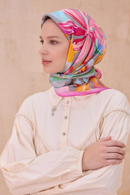 Belli İpek Eşarp - 4107-34 Gri Pembe Twill