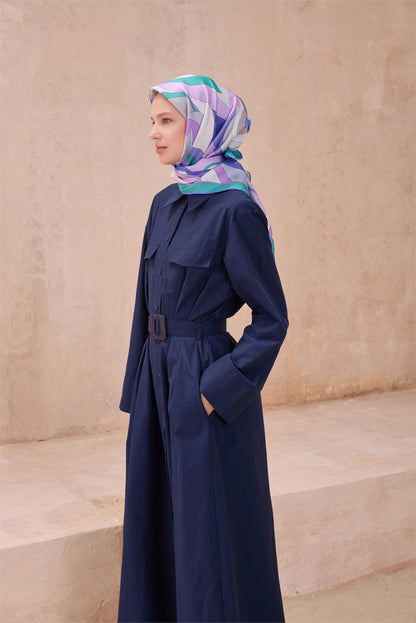 Belli İpek Eşarp - 4108-83 Lila Mavi Gri Twill