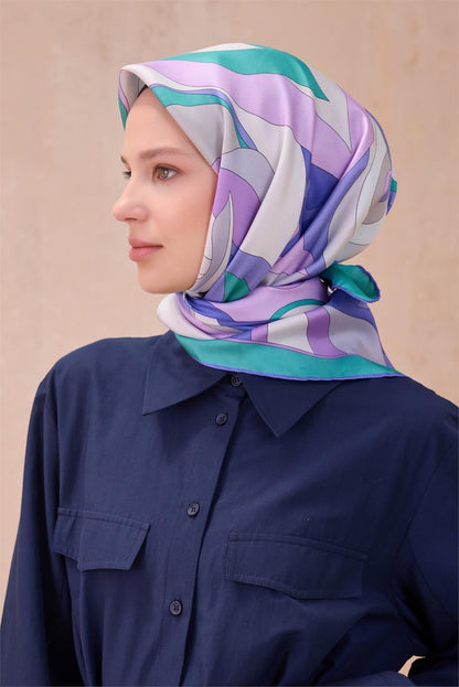 Belli İpek Eşarp - 4108-83 Lila Mavi Gri Twill