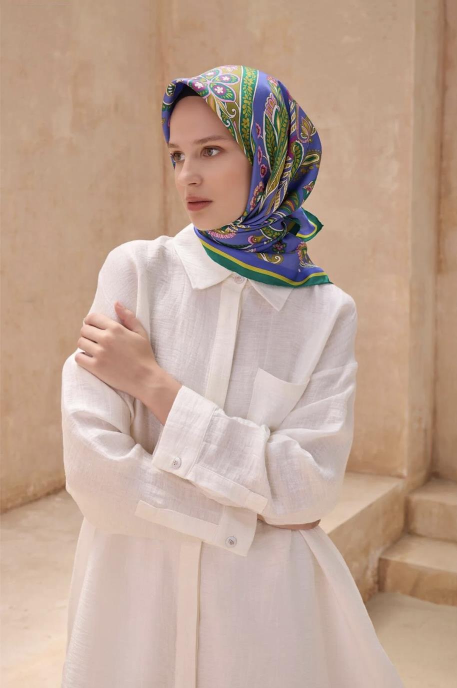 Belli İpek Eşarp - 4111-09 Mavi Yeşil Twill