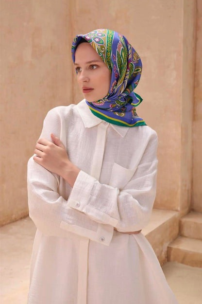 Belli İpek Eşarp - 4111-09 Mavi Yeşil Twill