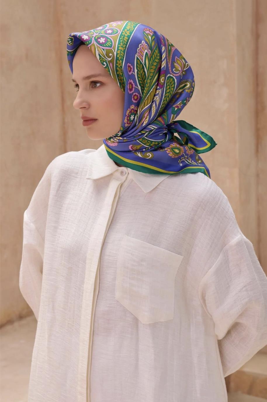 Belli İpek Eşarp - 4111-09 Mavi Yeşil Twill